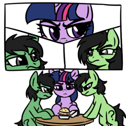 Size: 512x512 | Tagged: safe, artist:anonymous, twilight sparkle, oc, oc:filly anon, earth pony, pony, unicorn, g4, /mlp/, 4chan, bipedal, bipedal leaning, burger, comic, female, filly, foal, food, gray eyes, hay burger, imported from twibooru, leaning, looking at each other, looking at someone, mare, mexican standoff, multeity, ponerpics import, requested art, simple background, sitting, table, the good the bad and the ugly, transparent background, trio