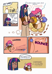 Size: 1068x1510 | Tagged: safe, artist:punkittdev, pinkie pie, twilight sparkle, human, g4, adorafatty, bowling, bowling alley, bowling ball, bowling pin, comic, dialogue, duo, duo female, fat, female, glasses, humanized, light skin, moderate dark skin, obese, piggy pie, pinkie being pinkie, pudgy pie, speech bubble, thought bubble