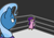 Size: 640x453 | Tagged: safe, artist:ewoudcponies, pipp petals, trixie, pegasus, pony, unicorn, g4, g5, :<, :t, boxing ring, chibi, eye contact, female, frown, glare, looking at each other, looking at someone, mare, scared, scrunchy face, size difference, smol, spread wings, versus, wide eyes, wings