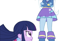 Size: 3616x2520 | Tagged: safe, edit, edited screencap, editor:homersimpson1983, screencap, trixie, twilight sparkle, human, equestria girls, g4, my little pony equestria girls, background removed, blouse, boots, breasts, bust, clothes, crossed arms, female, hair, high res, hoodie, legs, looking up, not a vector, shoes, simple background, skirt, sweater, teenager, top, transparent background, zipper