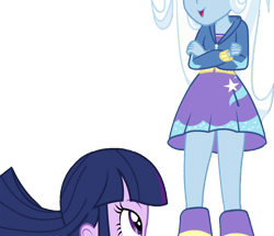 Size: 2936x2520 | Tagged: safe, edit, edited screencap, editor:homersimpson1983, screencap, trixie, twilight sparkle, human, equestria girls, g4, my little pony equestria girls, background removed, boots, breasts, bust, clothes, crossed arms, female, hair, high res, hoodie, legs, looking up, not a vector, o mouth, open mouth, shoes, simple background, skirt, sweater, talking, teenager, top, transparent background, zipper