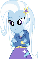 Size: 1656x2520 | Tagged: safe, edit, edited screencap, editor:homersimpson1983, screencap, trixie, human, equestria girls, g4, background removed, breasts, bust, clothes, crossed arms, female, hair, hairpin, hoodie, lidded eyes, looking down, not a vector, simple background, skirt, smiling, solo, sweater, teenager, top, transparent background, zipper