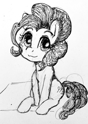 Size: 1448x2048 | Tagged: safe, artist:gorebox, pinkie pie, earth pony, pony, g4, black and white, grayscale, monochrome, pen sketch, pencil, pencil drawing, sitting, traditional art