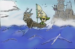 Size: 3873x2553 | Tagged: safe, artist:gorebox, discord, bird, pony, seagull, unicorn, g4, boat, colored, crossover, high res, link, mountain, ocean, pen drawing, ship, the legend of zelda, the legend of zelda: the wind waker, traditional art, water