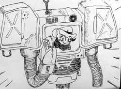 Size: 4032x2968 | Tagged: safe, artist:gorebox, applejack, robot, g4, crossover, fallout, fallout: new vegas, hat, ink drawing, securitron, traditional art