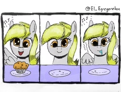 Size: 1898x1438 | Tagged: safe, artist:gorebox, derpy hooves, pegasus, pony, g4, colored, comic, drool on face, food, ink drawing, muffin, pavlov, psychology, solo, traditional art