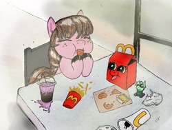 Size: 1971x1489 | Tagged: safe, artist:gorebox, pony, chicken meat, chicken nugget, colored, eating, food, french fries, grimace shake, happy meal, mcdonald's, meat, meme, numget, pen drawing, soda, toy, traditional art, unnamed character, unnamed pony