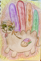 Size: 2577x3814 | Tagged: safe, artist:gorebox, bird, pegasus, pony, turkey, colored pencil drawing, hand turkey, high res, holiday, thanksgiving, traditional art