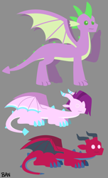 Size: 2800x4600 | Tagged: safe, artist:banquo0, jade (g5), lava (g5), spike, dragon, pony, g5, my little pony: make your mark, my little pony: make your mark chapter 6, dragon lord spike, female, gray background, hypnosis, hypnotized, lying down, male, pointy ponies, simple background