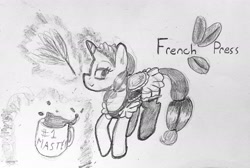 Size: 3484x2338 | Tagged: safe, artist:gorebox, oc, oc only, oc:french press, pony, unicorn, clothes, coffee, coffee mug, duster, french maid, high res, maid, maid headdress, mug, pencil drawing, traditional art