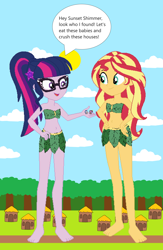 Size: 3360x5163 | Tagged: safe, artist:scratchtvgo, princess cadance, sci-twi, shining armor, sunset shimmer, twilight sparkle, alicorn, human, pony, unicorn, equestria girls, g4, barefoot, base used, cloud, dialogue, feet, female, forest, giantess, house, humanized, implied vore, jungle, macro, male, nature, tree, village