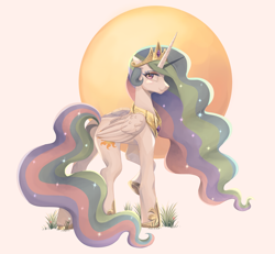 Size: 2420x2240 | Tagged: safe, artist:ghoasthead, princess celestia, alicorn, pony, g4, aside glance, butt, concave belly, crown, female, flowing mane, folded wings, high res, horn, jewelry, long horn, looking at you, mare, partial background, peytral, plot, raised hoof, regalia, simple background, smiling, smiling at you, solo, standing, sun, white background, wings