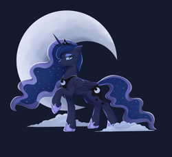 Size: 2520x2310 | Tagged: safe, artist:ghoasthead, princess luna, alicorn, pony, g4, backlighting, blue background, cloud, concave belly, crescent moon, crown, ethereal mane, ethereal tail, eyelashes, eyeshadow, female, flowing mane, folded wings, high res, hoof shoes, jewelry, lidded eyes, long mane, long tail, looking at you, makeup, mare, moon, peytral, princess shoes, raised hoof, regalia, simple background, smiling, smiling at you, starry mane, starry tail, tail, wings