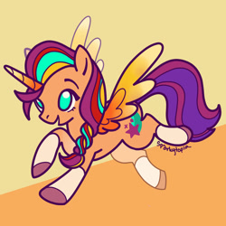 Size: 1280x1280 | Tagged: safe, artist:sparkytopia, sunny starscout, alicorn, pony, g5, doodle, female, flying, mare, race swap, signature, simple background, solo, sunnycorn