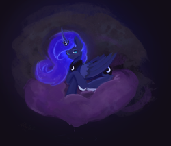 Size: 2000x1700 | Tagged: safe, artist:aterhut, princess luna, alicorn, pony, g4, female, lying down, mare, pillow, prone, simple background, smiling, solo
