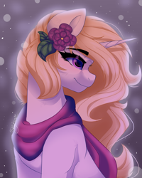 Size: 2000x2500 | Tagged: safe, artist:skyboundsiren, oc, oc only, oc:winthria siriusa, pony, unicorn, bust, clothes, female, flower, high res, portrait, scarf, signature, smiling, solo