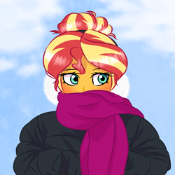 Size: 2000x2000 | Tagged: safe, artist:artevi, sunset shimmer, human, equestria girls, g4, alternate hairstyle, blushing, bun hairstyle, clothes, cloud, cute, earmuffs, female, high res, jacket, scarf, solo, winter