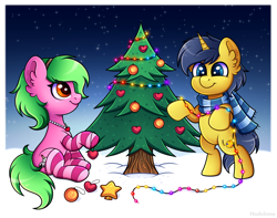 Size: 3234x2548 | Tagged: safe, artist:madelinne, oc, oc only, oc:nylon van hoof, oc:ruby shimmers, earth pony, pony, unicorn, bipedal, christmas, christmas lights, christmas tree, clothes, commissioner:puffydearlysmith, cute, duo, earth pony oc, female, high res, holiday, horn, male, mare, oc x oc, scarf, shipping, smiling, snow, socks, stallion, straight, striped scarf, striped socks, tree, unicorn oc