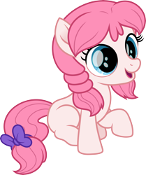 Size: 8193x9807 | Tagged: safe, artist:starryshineviolet, tulip bulb, earth pony, pony, g4, my little pony: rainbow roadtrip, background pony, bow, cute, female, filly, foal, open mouth, pigtails, raised hoof, simple background, sitting, solo, tail, tail bow, transparent background, vector