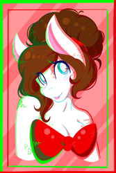 Size: 1365x2048 | Tagged: safe, artist:mscolorsplash, oc, oc only, oc:color splash, pegasus, anthro, bare shoulder portrait, bare shoulders, border, bow, breasts, bust, busty oc, christmas, cleavage, female, holiday, lipstick, looking at you, mare, portrait, smiling, smiling at you, solo