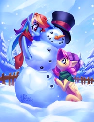 Size: 2975x3825 | Tagged: safe, artist:kyurochurro, fluttershy, rainbow dash, pegasus, pony, g4, cap, clothes, duo, female, grin, hat, high res, looking at each other, looking at someone, mare, scarf, signature, smiling, snow, snowfall, snowman, top hat