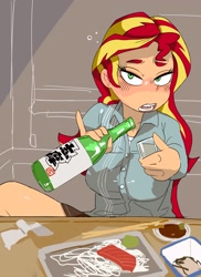 Size: 2000x2750 | Tagged: safe, artist:baigak, sunset shimmer, human, equestria girls, g4, alcohol, big breasts, blushing, breasts, busty sunset shimmer, chopsticks, drink, drunk, drunk bubbles, food, high res, looking at you, sake, solo