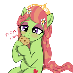 Size: 1000x1000 | Tagged: safe, artist:tenklop, tree hugger, earth pony, pony, g4, cookie, dreadlocks, food, nom, onomatopoeia, simple background, solo, white background