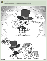 Size: 2550x3300 | Tagged: safe, artist:loreto-arts, spike, sweetie belle, dragon, pony, unicorn, g4, clothes, female, hat, high res, implied shipping, implied spikebelle, implied straight, jewelry, male, monochrome, ring, ship:spikebelle, shipping, straight, top hat, tuxedo, winged spike, wings