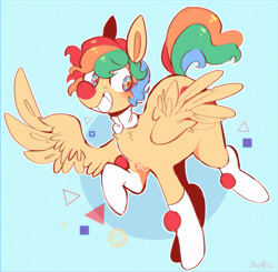 Size: 2467x2416 | Tagged: safe, artist:urbanqhoul, oc, oc only, oc:whimsy, pegasus, pony, blue background, blushing, clown, eyebrows, eyebrows visible through hair, grin, high res, light blue background, red nose, simple background, smiling, solo