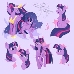 Size: 2048x2048 | Tagged: safe, artist:stinky_bug_, twilight sparkle, alicorn, pony, g4, the last problem, arrow, bust, concave belly, crown, duality, duo, ethereal mane, ethereal tail, eye clipping through hair, eyebrows, eyebrows visible through hair, eyelashes, female, glasses, height difference, high res, jewelry, just like geoffrey, long mane, long tail, looking at each other, looking at someone, looking up, mare, older, older twilight, older twilight sparkle (alicorn), princess twilight 2.0, purple background, regalia, self paradox, self ponidox, simple background, sitting, spread wings, tail, text, time paradox, twilight sparkle (alicorn), wings