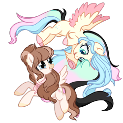 Size: 2500x2500 | Tagged: safe, artist:daisydiamond, oc, oc only, oc:daisydiamond, oc:strawberry milk, alicorn, pegasus, pony, 2024 community collab, derpibooru community collaboration, alicorn oc, duo, duo female, female, flying, full body, high res, horn, looking at each other, looking at someone, mare, pegasus oc, simple background, smiling, smiling at each other, transparent background, wings
