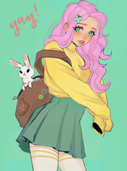 Size: 1170x1584 | Tagged: safe, artist:chloe dawn, artist:eggheadscientist, angel bunny, fluttershy, human, rabbit, g4, animal, backpack, duo, female, green background, humanized, male, simple background