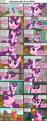 Size: 1282x3304 | Tagged: safe, edit, edited screencap, screencap, big macintosh, sugar belle, earth pony, pony, unicorn, comic:celestia's servant interview, g4, hard to say anything, the big mac question, banana, bedroom eyes, big macintosh is not amused, caption, comic, cowboy hat, crutches, cs captions, cute, eyes closed, female, food, hat, hug, image macro, implied starlight glimmer, implied trixie, interview, looking at you, male, mare, raised hoof, screencap comic, smiling, stallion, sugarbetes, suitcase, text, trombone, unamused, wagon