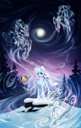 Size: 1200x1900 | Tagged: safe, artist:inowiseei, oc, oc only, oc:winter seraph, pony, unicorn, windigo, full moon, horn, incense, moon, night, snow, unicorn oc