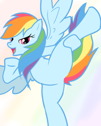 Size: 1536x1918 | Tagged: safe, artist:tstone, rainbow dash, pegasus, pony, g4, featureless crotch, flexible, gradient background, rainbow background, solo, standing, standing on one leg