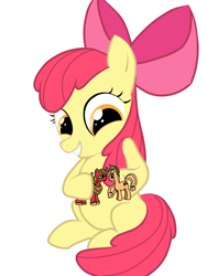 Size: 1536x2048 | Tagged: safe, artist:tstone, apple bloom, applejack, big macintosh, earth pony, pony, g4, apple bloom's bow, bow, doll, female, filly, foal, grin, hair bow, implied applecest, implied applemac, implied incest, implied shipping, implied straight, now kiss, simple background, smiling, toy, white background