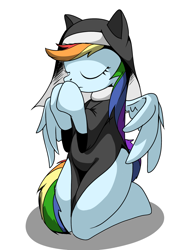 Size: 1536x2048 | Tagged: safe, artist:tstone, rainbow dash, pegasus, pony, semi-anthro, g4, arm hooves, eyes closed, kneeling, nun, praying, simple background, solo, white background