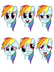Size: 1536x2048 | Tagged: safe, artist:tstone, rainbow dash, pegasus, pony, g4, blushing, derp, facial expressions, floppy ears, happy, sad, simple background, solo, tongue out, white background