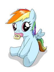 Size: 1536x2048 | Tagged: safe, artist:tstone, rainbow dash, pegasus, pony, g4, cute, dashabetes, female, filly, filly rainbow dash, pacifier, simple background, sitting, solo, white background, younger