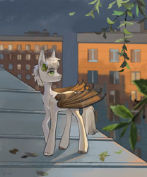 Size: 2500x3000 | Tagged: safe, artist:sivelu, oc, oc only, bat pony, pony, city, clover, fangs, four leaf clover, high res, leaves, male, rooftop, slit pupils, stallion