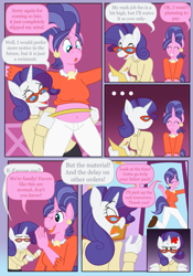 Size: 875x1250 | Tagged: safe, artist:himitsu, cookie crumbles, rarity, unicorn, anthro, g4, annoyed, belly button, clothes, comic, cross-popping veins, dialogue, ear piercing, earring, emanata, explicit source, eyes closed, frustrated, glasses, horn, indoors, jewelry, measuring tape, midriff, one eye closed, open mouth, open smile, pants, paper, pencil, piercing, rarity is not amused, rarity's glasses, senftember, shirt, smiling, speech bubble, unamused, wink