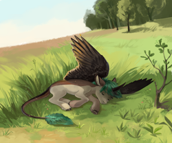 Size: 3000x2500 | Tagged: safe, artist:sivelu, oc, oc only, alicorn, pony, curved horn, field, forest, high res, horn, leonine tail, lying down, male, nature, scenery, sleeping, solo, stallion, tail, tree, unshorn fetlocks