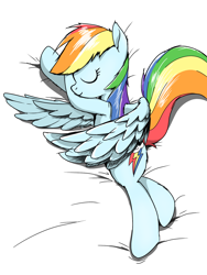 Size: 1536x2048 | Tagged: safe, artist:tstone, rainbow dash, pegasus, pony, g4, cute, dashabetes, eyes closed, lying down, simple background, sleeping, sleepydash, solo, white background, wing blanket, winghug, wings