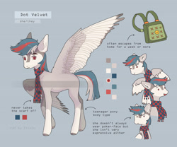 Size: 3000x2500 | Tagged: safe, artist:sivelu, oc, oc only, oc:dot velvet, pegasus, pony, clothes, female, high res, mare, reference sheet, scarf, solo
