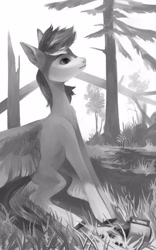 Size: 2000x3200 | Tagged: safe, artist:sivelu, oc, oc only, oc:dot velvet, pegasus, pony, black and white, female, forest, grayscale, high res, mare, monochrome, mug, nature, scenery, solo, spill, tree