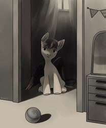 Size: 2500x3000 | Tagged: safe, artist:sivelu, oc, oc only, pegasus, pony, ball, colored hooves, colored wings, desaturated, ear fluff, high res, indoors, male, sitting, solo, stallion, wings