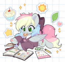 Size: 2968x2833 | Tagged: safe, artist:oofycolorful, oc, oc only, oc:blazey sketch, pegasus, pony, bow, clothes, cookie, cupcake, cute, female, food, grey fur, hair bow, high res, journal, long hair, long tail, multicolored hair, ocbetes, pegasus oc, scrapbook, smiling, solo, sparkles, starry eyes, sticker, sweater, tail, wingding eyes