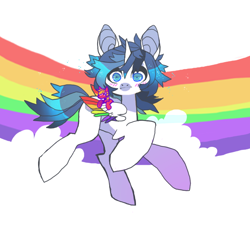 Size: 886x850 | Tagged: safe, artist:cutesykill, big macintosh, shining armor, alicorn, earth pony, pony, g4, alicornified, blushing, cloud, colored wings, cyan eyes, duo, looking at you, male, male alicorn, micro, multicolored wings, race swap, rainbow, rainbow wings, shiningcorn, simple background, sparkly mane, sparkly tail, stallion, tail, white background, wings