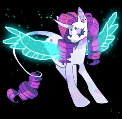 Size: 992x964 | Tagged: safe, artist:cutesykill, rarity, pony, unicorn, g4, artificial wings, augmented, beanbrows, black background, curved horn, ear piercing, earring, eyebrows, eyes closed, female, horn, jewelry, leonine tail, magic, magic wings, mare, piercing, simple background, solo, sparkles, sparkly wings, spread wings, stars, tail, transparent wings, wings
