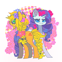 Size: 851x851 | Tagged: safe, artist:cutesykill, applejack, rarity, earth pony, pony, unicorn, g4, bandana, beanbrows, black eyeshadow, blue sclera, braid, braided tail, closed mouth, colored sclera, duo, ear piercing, earring, eyebrows, eyeshadow, female, flower, flower in hair, freckles, frown, green sclera, jewelry, lidded eyes, looking at you, looking back, looking back at you, makeup, mare, missing accessory, neckerchief, piercing, smiling, standing, tail